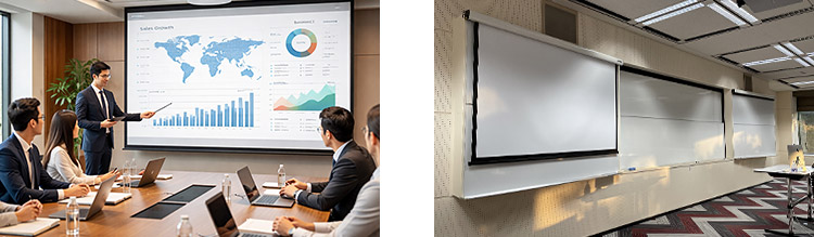大型プロジェクターの天吊設置をはじめ、PC設定や映像制御、配線設計・施工、画角調整・投影位置の最適化まで対応。